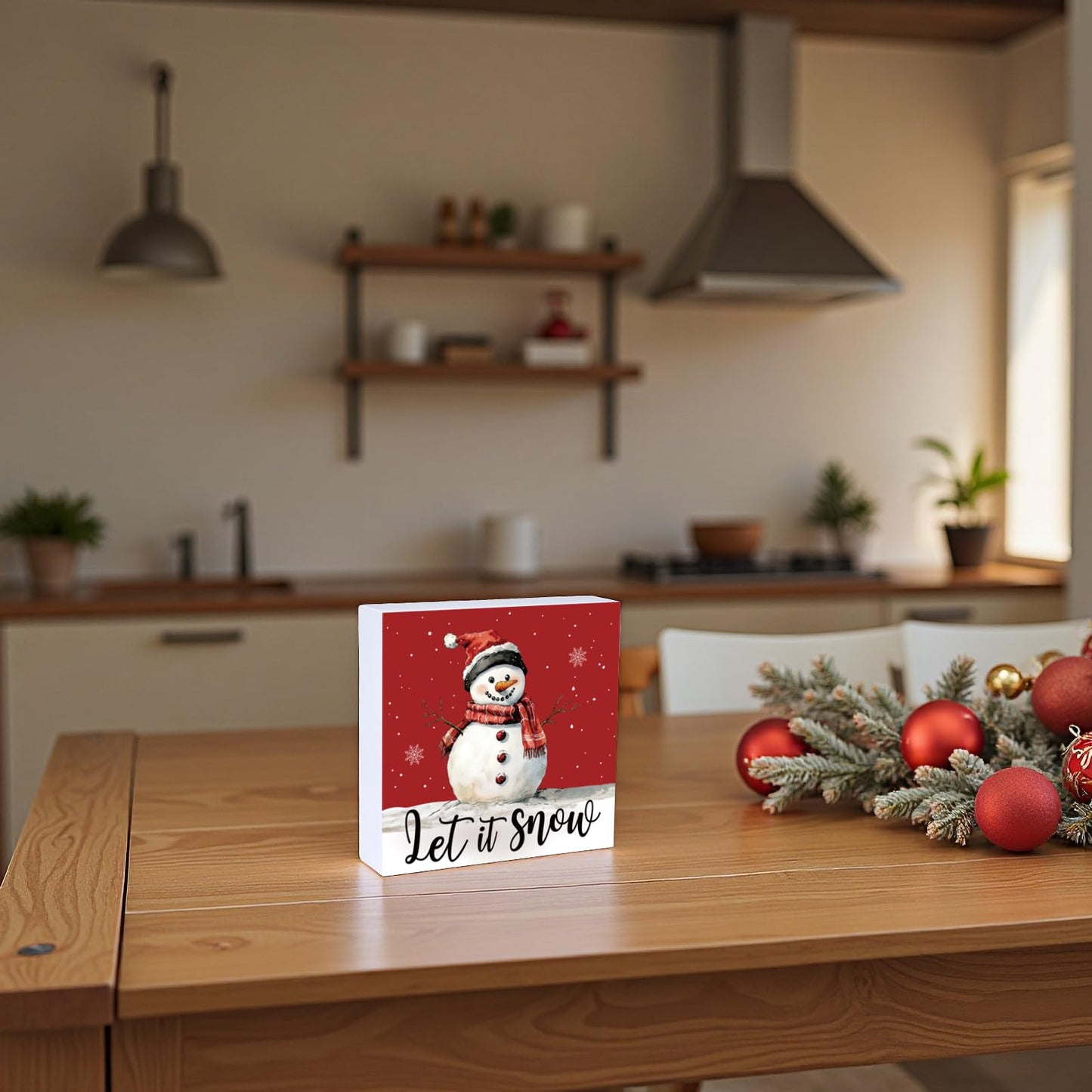 Christmas Table Decorations Christmas Decor Indoor Home Room Winter Snowman Let It Snow Office Bathroom Wood Box Sign Rustic Wooden Shelf Desk Decor Season Sign House Warming Gifts 5.9 x 5.9 Inch
