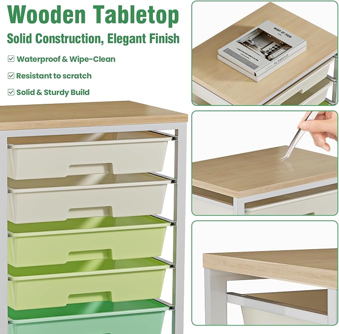 Rolling Storage Cart with 8 Drawers & Wooden Tabletop, Utility Cart On Wheels for Craft Storage, Home, School, Bedroom, Living Room, Dorm, Office, Classroom Storage Organizer Cart, Green, White