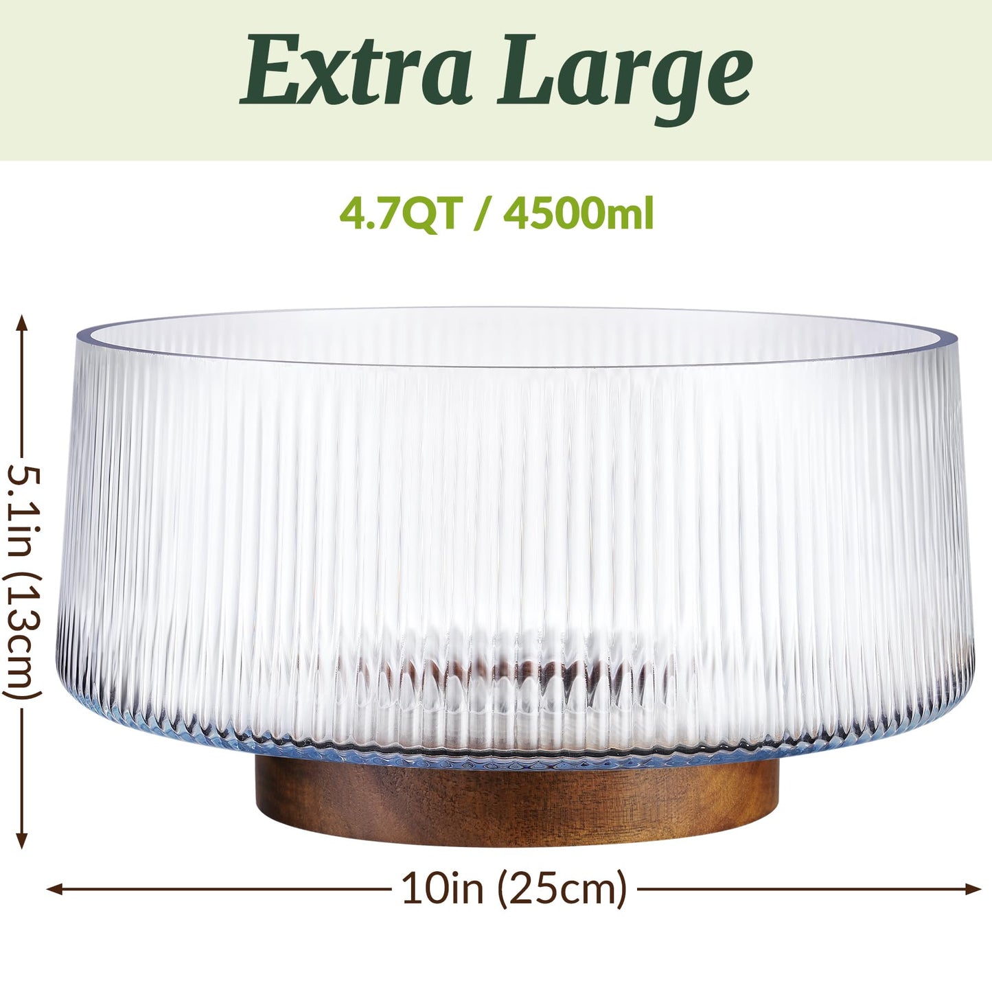 NiHome Extra Large Glass Salad Bowl with Natural Acacia Wood Base & Wooden Serving Utensils for Family Dinners, Parties, Gatherings, Multipurpose Oversized Glass Bowl for Salads(Separate-Piece Design)