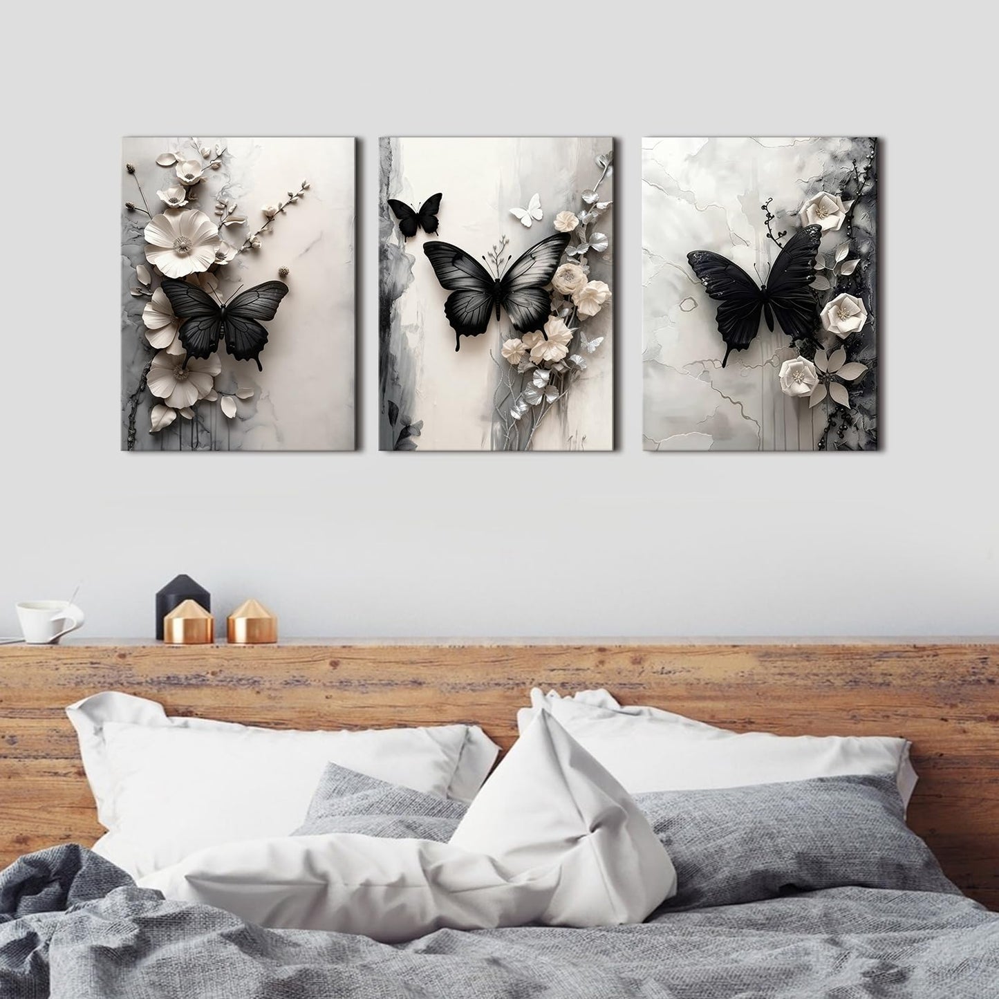 Black Butterfly Wall Art White Flowers Wall Decor Abstract Textured Floral Canvas Prints Butterfly Wildflowers Painting Poster Modern Luxury Aesthetic Canvas Artwork for Home Decorations 12x16" 3Pcs