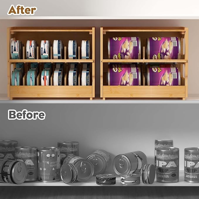 Teamkio Stackable Bamboo Cat Food Organizer, 2-Tier Adjustable FIFO Can Dispenser Space-Saving Storage, Holds Up to 36 Cans - Ideal for Pantry, Cabinet, Countertop