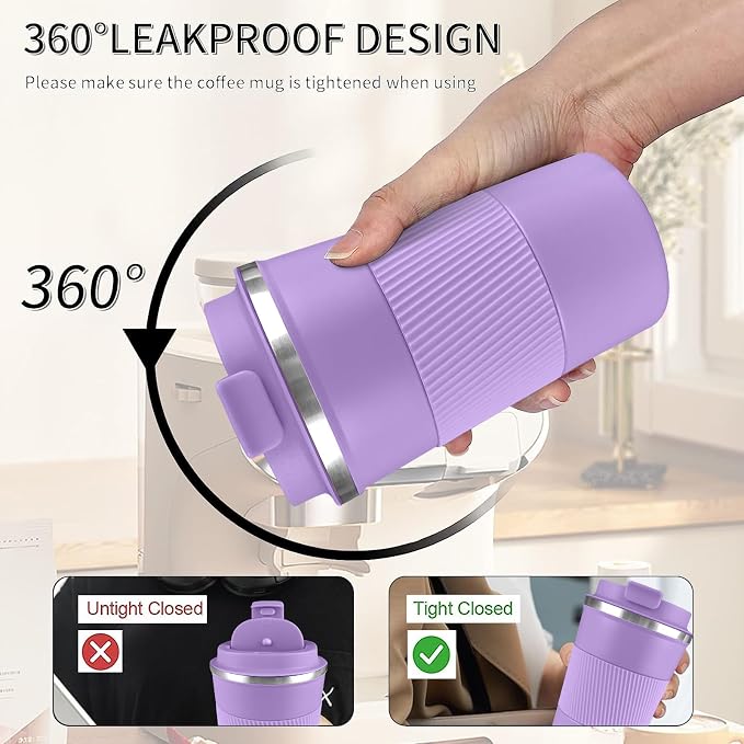 YINBAOGE Insulated Travel Coffee Mug, Spill & Leak Proof, Portable To Go Camping Stainless Steel Coffee Tumbler, Reusable Thermal Coffee Cup with Lid for Hot & Cold Drinks (Purple, 12 OZ)
