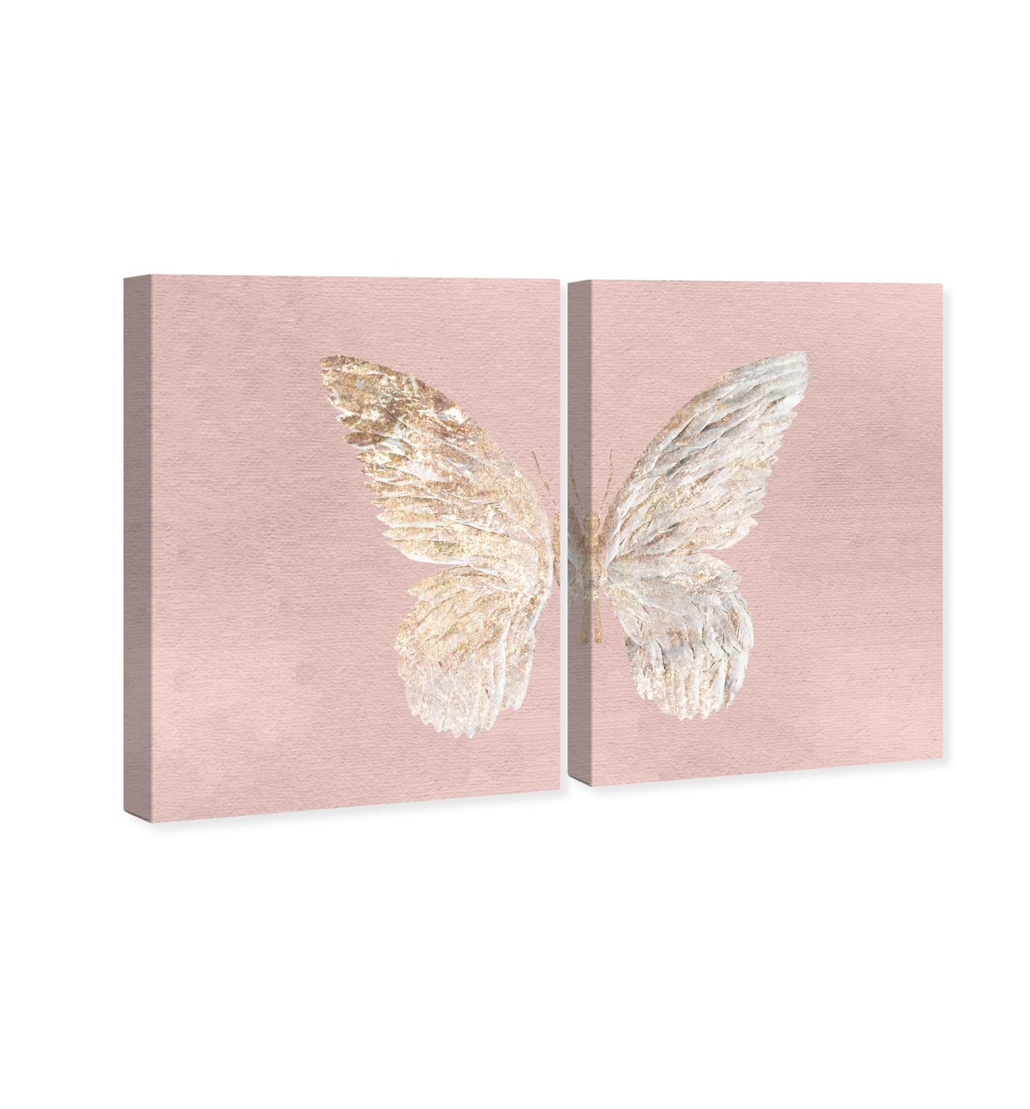 The Oliver Gal Artist Co. Fashion and Glam 'Gold Butterfly Glimmer Pink Blush Two Piece' Wings by Oliver Gal | Pink, Gold 2 Panel Wall Art | Canvas Wall Art | Ready to Hang Home Décor 2 - Piece Set ,