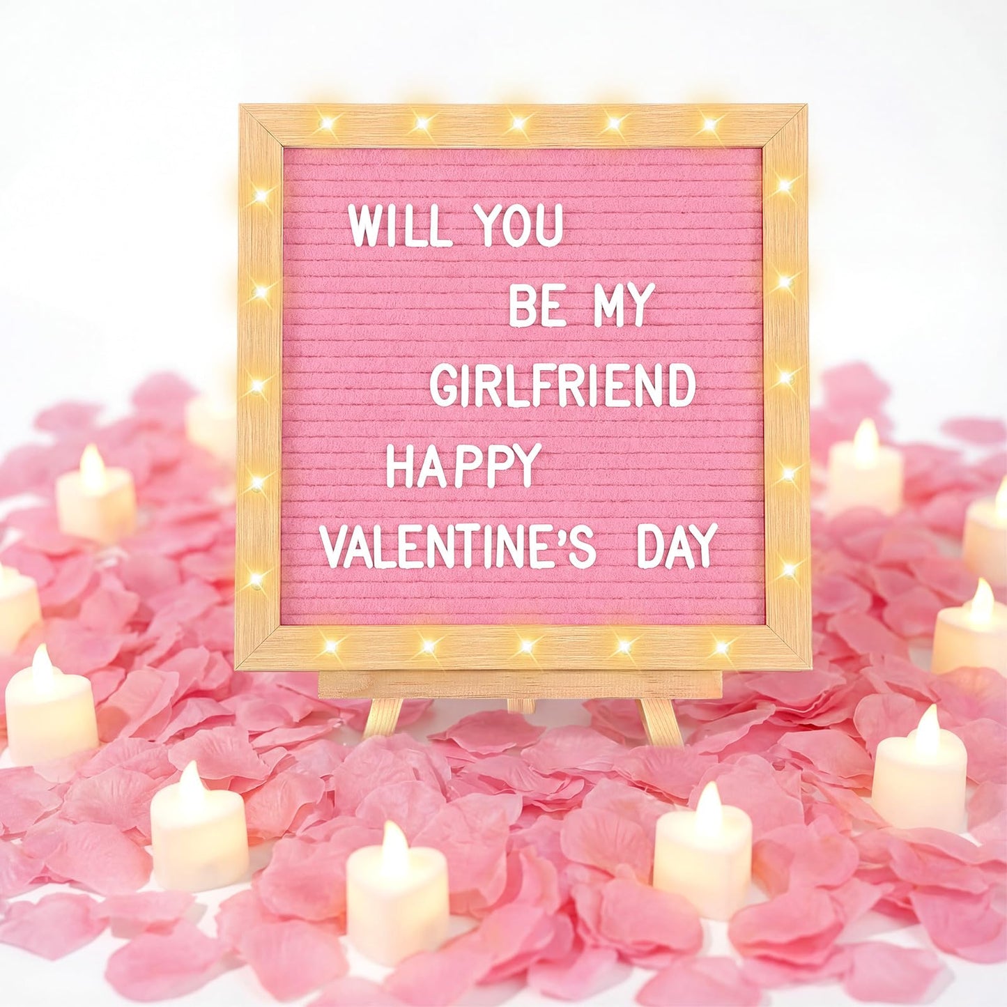 Ceenna Will You Be My Girlfriend Romantic Sign with LED Candles and Artificial Rose Petals, Valentine's Day DIY Felt Letter Wood Board Sign with Lights for Valentine's Day Anniversaries Party (Pink)