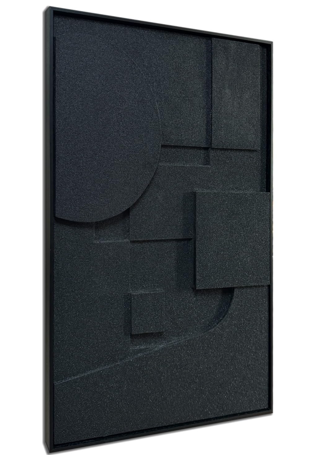 Slyart Black Textured Wall Art, Handmade Contemporary Art 3D Abstract Relief Painting, Framed Thick Texture Vertical Wall Art 24x36 Inch