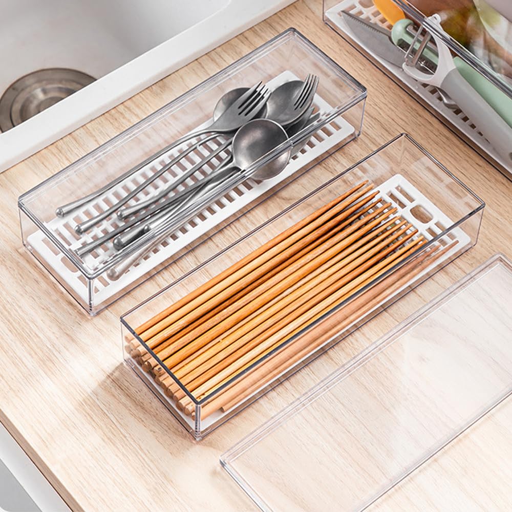 AIYoo Transparent Flatware Tray Kitchen Drawer Organizer With Lid - Plastic Kitchen Cutlery Tray and Utensil Silverware Storage Container with Cover - Dinnerware Holder for Spoons Forks Knives