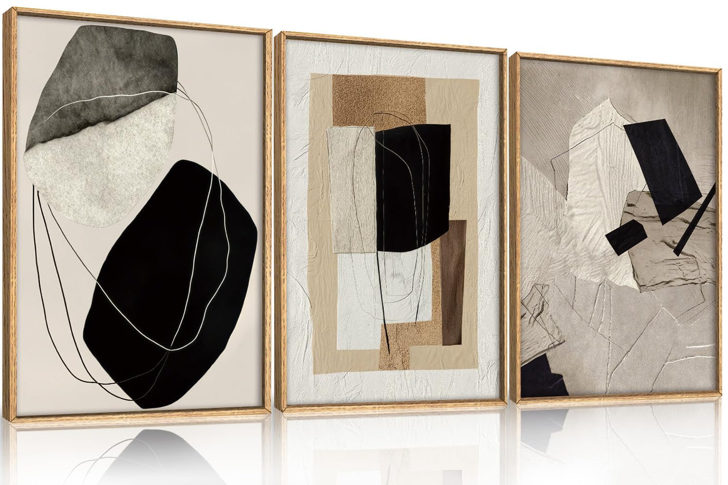 DRACIT Abstract Modern Geometric Framed Canvas Wall Art Set,Neutral Tone Beige Black Brown Wall Decor,Minimalist Textured Line Shape Artwork for Living Room, Bedroom,Farmhouse-24 x36 x3