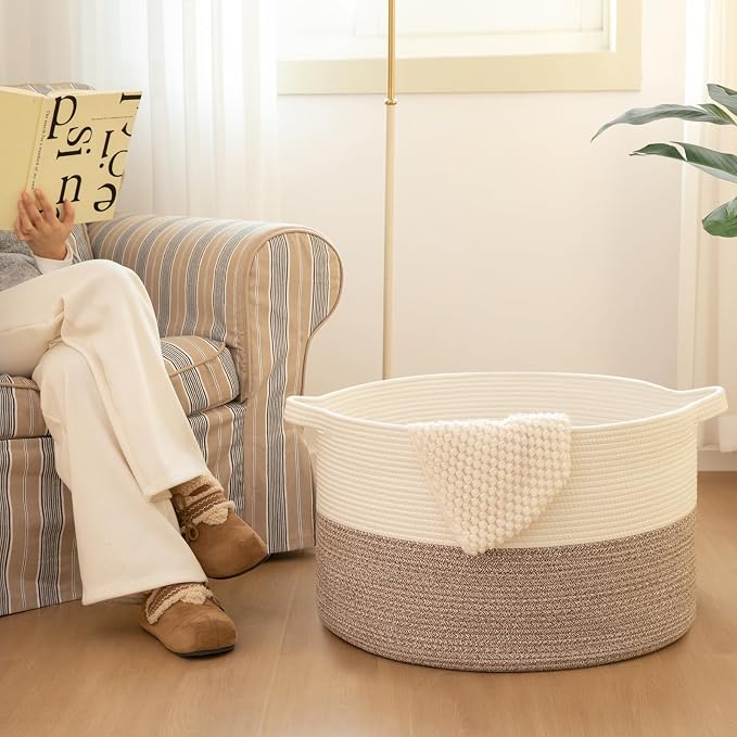 OIAHOMY 90L XXXLarge Blanket Basket for Living Room, 21.7" x 13.8" Woven Cotton Rope Laundry Basket for Organizing Pillows, Decorative Stuffed Animal Toy Storage for Nursery, Jute and White
