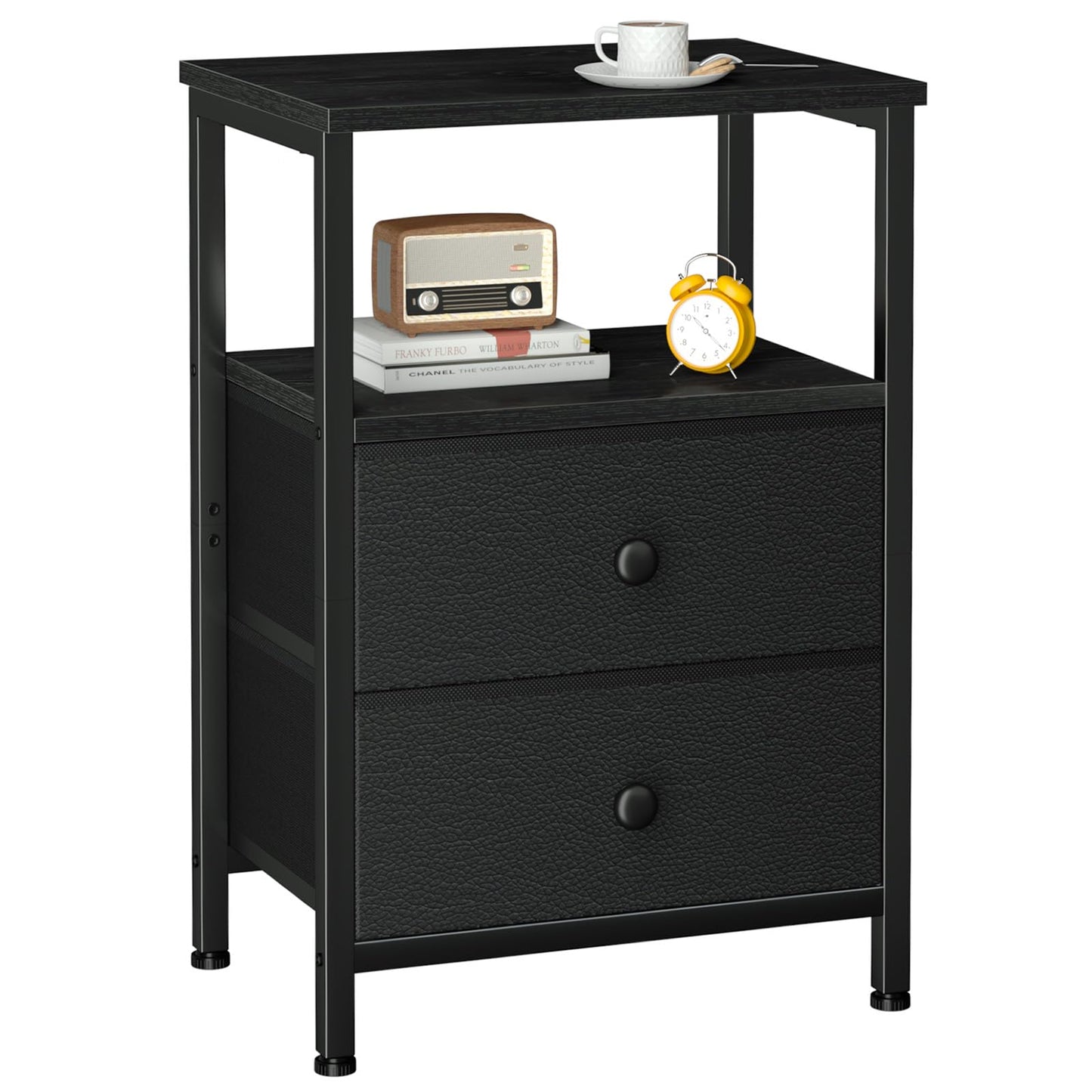 LOAKEKEL Night Stand, Nightstand with 2 Fabric Drawers for Bedroom, Small End Table with Open Storage Shelf for Living Room, Bedisde Table for Apartment, Black, HETS002BK-1