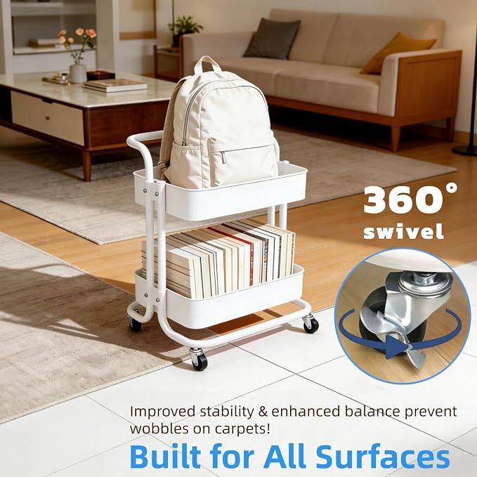 2 Tier Cart with Wheels Under Desk Storage with Handle, Metal Rolling Pantry Cart for Kitchen White Small Rolling Basket for Laundry Room Bathroom, Utility Shelf Organizer for Small Space