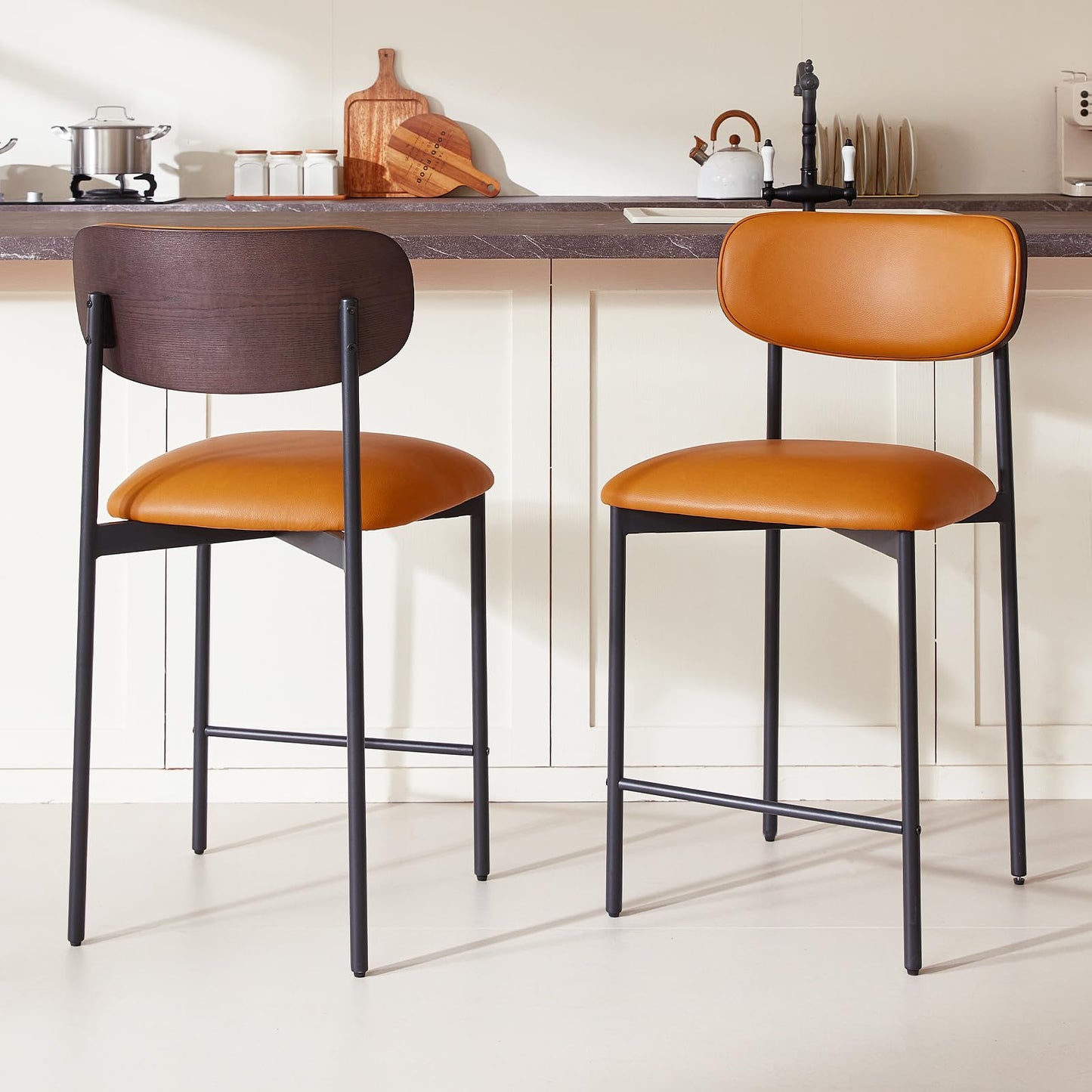 GrandNoor Modern Bar Stools Set of 2, 24 Inch Upholstered Brown Faux Leather Counter Height Stools with Curved Backrest & Metal Legs, Wood Grain Back Bar Chairs for Kitchen Island
