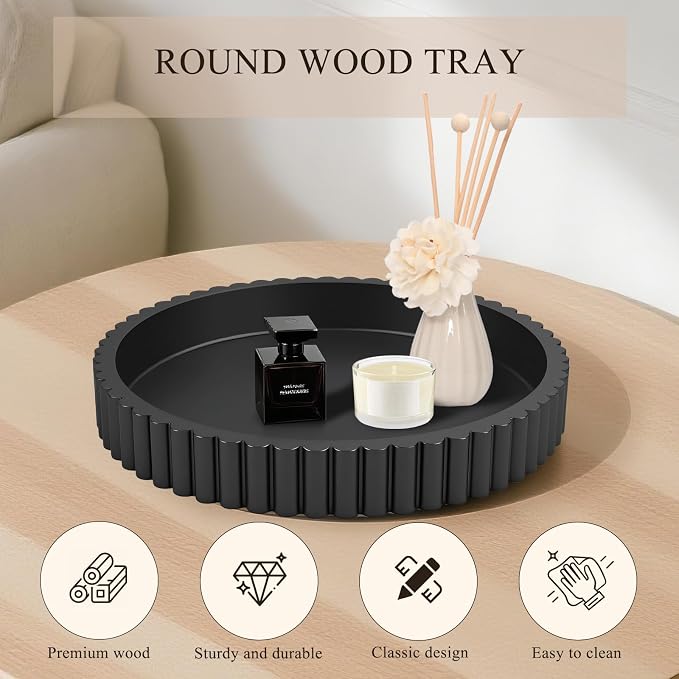 Decorative Tray for Coffee Table Decor, 11" Round Wooden Coffee Table Tray, Modern Decorative Trays for Home Decor, Living Room, Entry, Dining Room (Black)