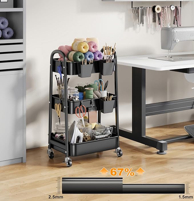 3 Tier Rolling Cart Metal with Wheels, Heavy Duty Three Tiered Rolling Storage Cart on Wheels, Black Utility Roller Carts Organizer for Baby, Art, Craft, Snack,Book, Nail, Diaper Caddy, Cleaning, Dorm