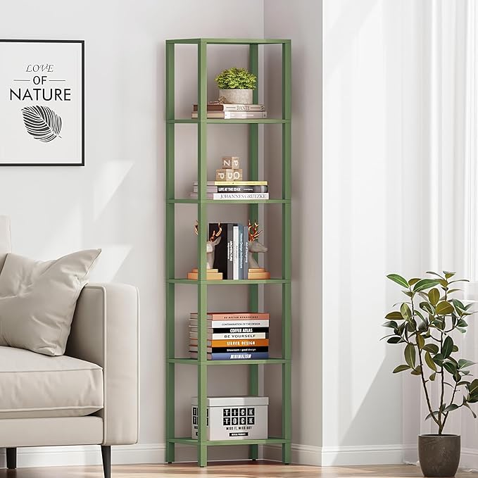 TUTOTAK Bookshelf, 6-Tier Tall Book Shelf, Narrow Bookcase for Small Space, DIY Stackable Bookshelf, for Living Room, Office, Study, Entryway, Industrial, Olive Green BS01BOG006