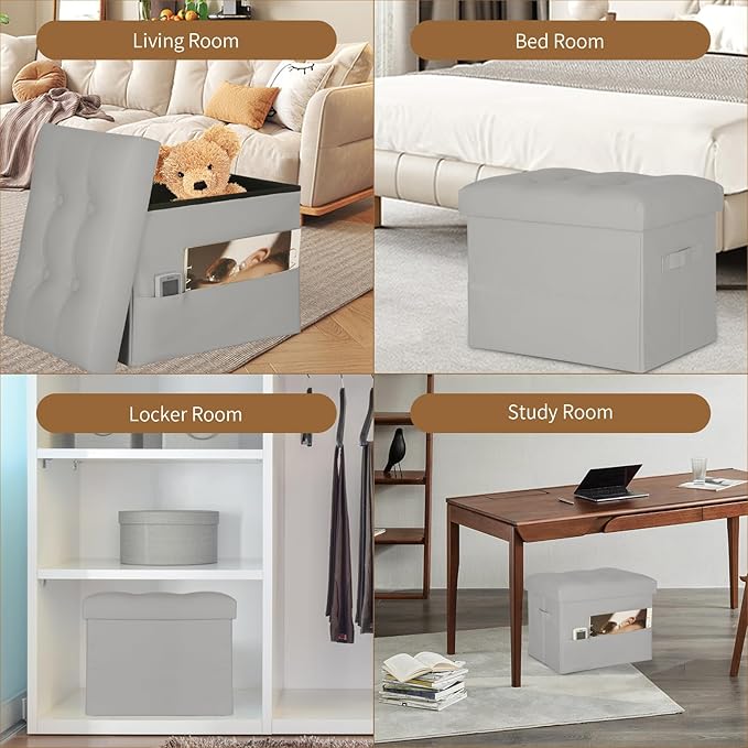 BelugaHelper Folding Storage Ottoman. Foot Rest Stool with Thicker Foam Padded Seat. 330 lbs Leather Ottoman with Storage Bench for Living Room, Bedroom, Home Office Table, 17x13x13in, Grey
