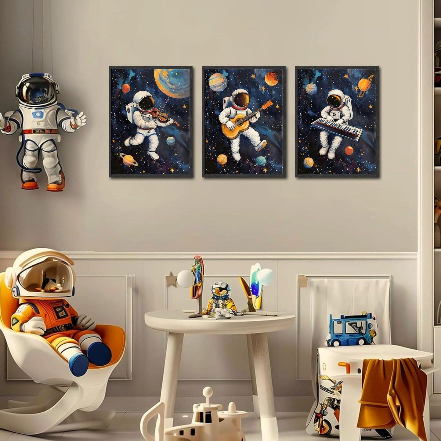 3Pcs Space Astronaut Music Posters Wall Art Cute Astronaut Musician Decor Pictures Funny Piano Guitar Violin Posters Prints for Boys Room Girls Room Kids Room Nursery Decoration Unframed