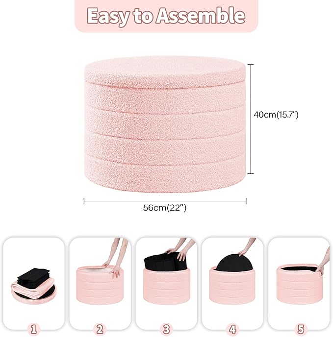 PINPLUS Ottoman with Storage, Foldable Round Ottoman Sherpa Stool with Tray, Boucle Foot Rest for Living Room, Bedroom, Dorm(Pink)