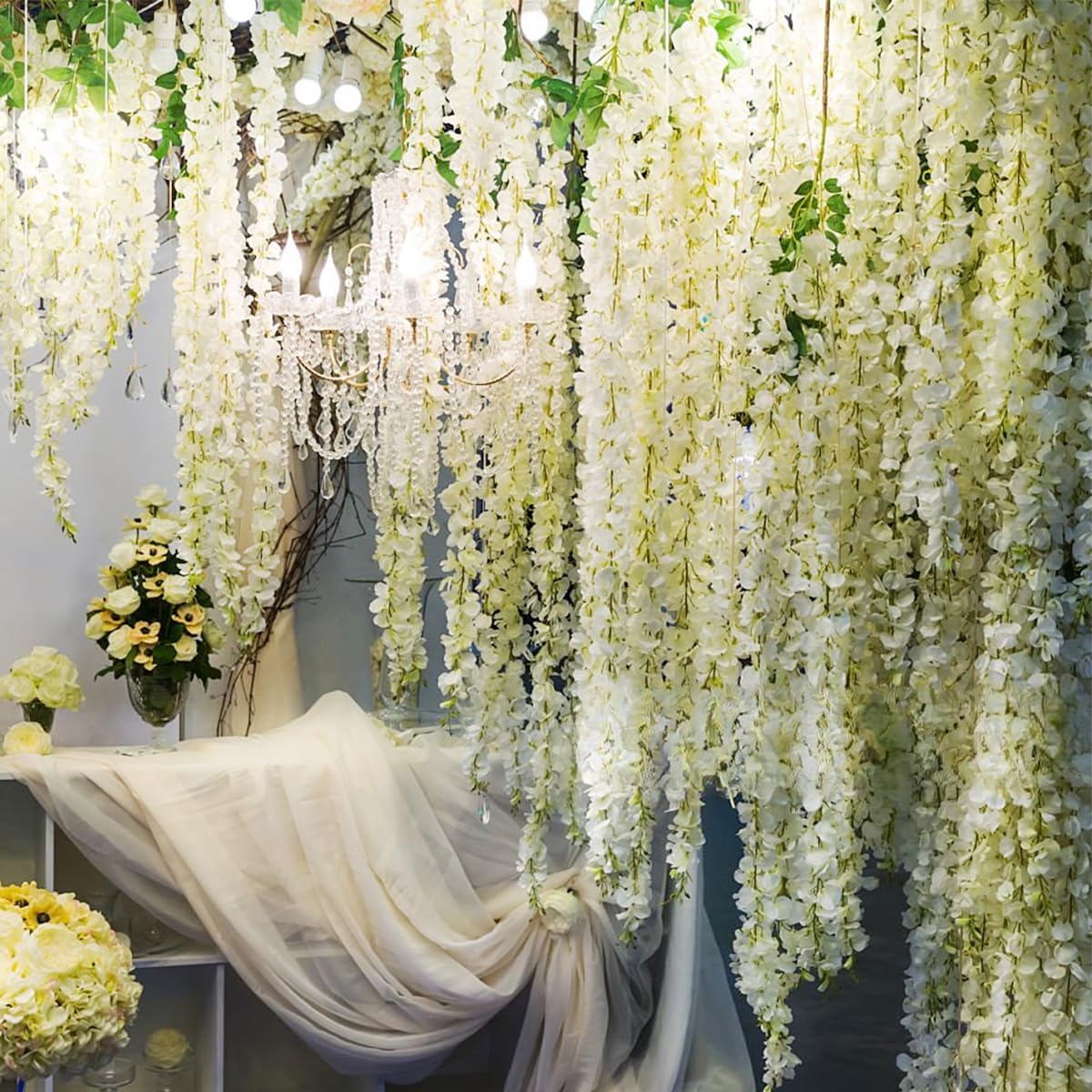 WONICE Artificial Wisteria Hanging Flowers Fake Wisteria Flower Garland Silk Vines Rattan Decor for Home Wedding Arch Wall Garden Greenery Bedroom Outdoor Office Party Decoration (12, White)