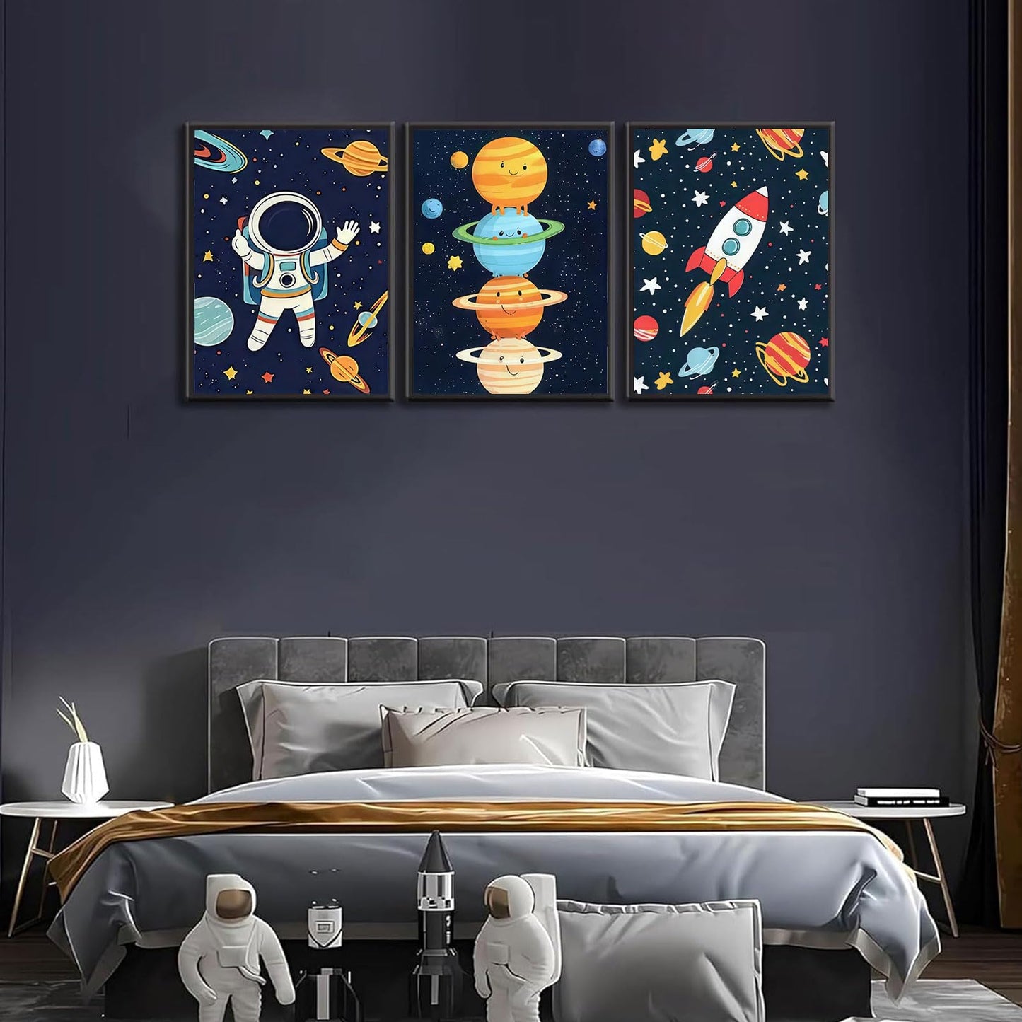 3Pcs Astronauts Nursery Wall Art Whimsical Outer Space Kid Decor Pictures Rocket Planet Posters Prints for Boys Room Girls Room Kids Room Decoration Unframed