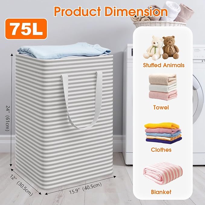 3 Pack Laundry Basket 75L Each, Waterproof & Freestanding Large Laundry Hamper, Collapsible Clothes Hampers with Easy Carry Handles in Bedroom Bathroom, College Dorm(225L Total, Gray)