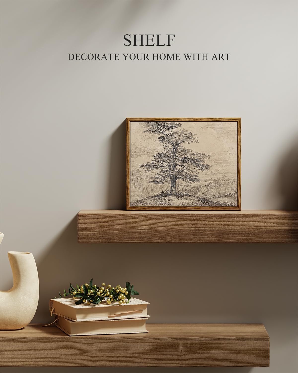 InSimSea Framed Canvas Wall Art, Neutral Sketch Tree Painting, Rustic Nature Scenery Decor for Living Room Shelf Hallway,10x8 in, Beige Tones