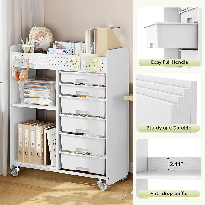 Rolling Storage Cart with Top Pegboard and 6 Drawers, Mobile Utility Cart on Wheels with Locking Brakes, Craft Organizer Lateral File Cabinet for Home, Office and Craft Room – Wood Frame(White)