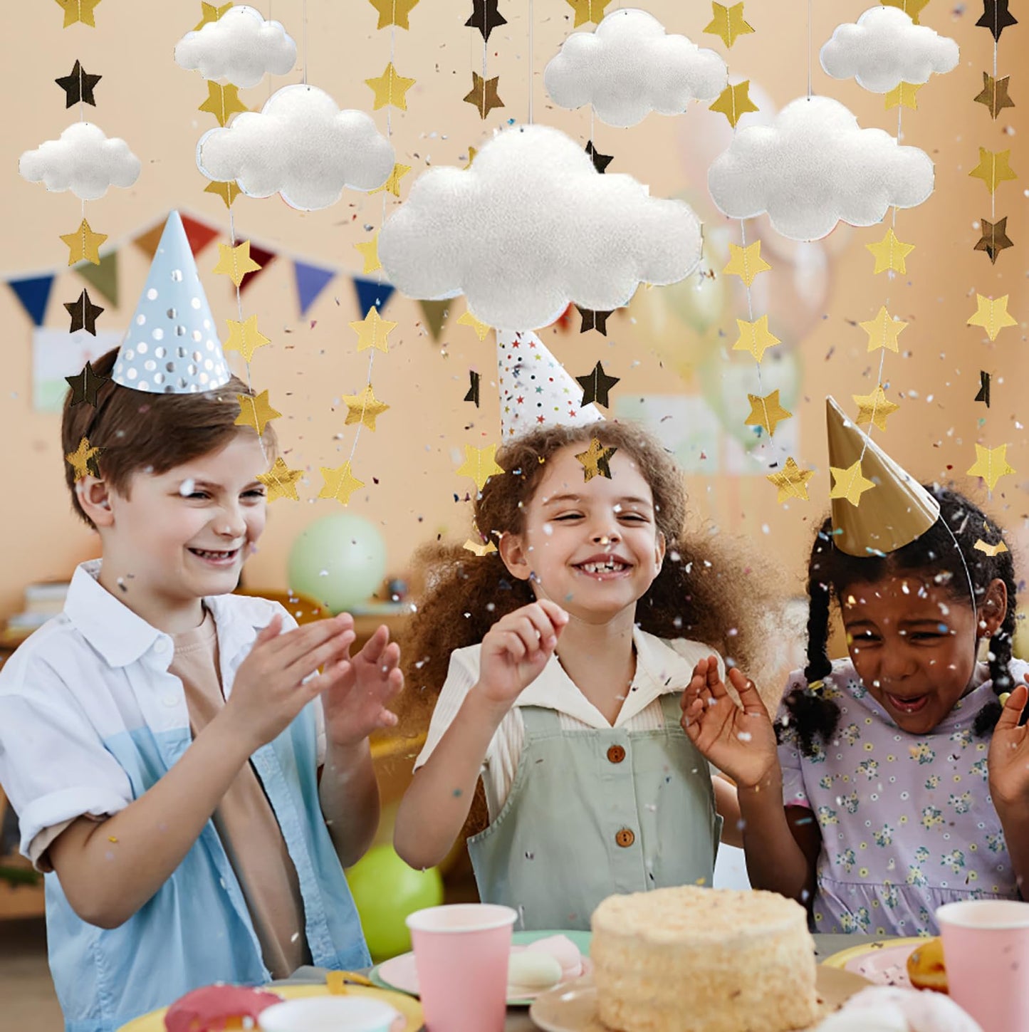 LYCRAFTS 11Pcs 3D Cloud Decoration Hanging Clouds from Ceiling Classroom White Felt Clouds Ornaments with Stars Garland for Bedroom Nursery Wall Birthday Baby Shower Party