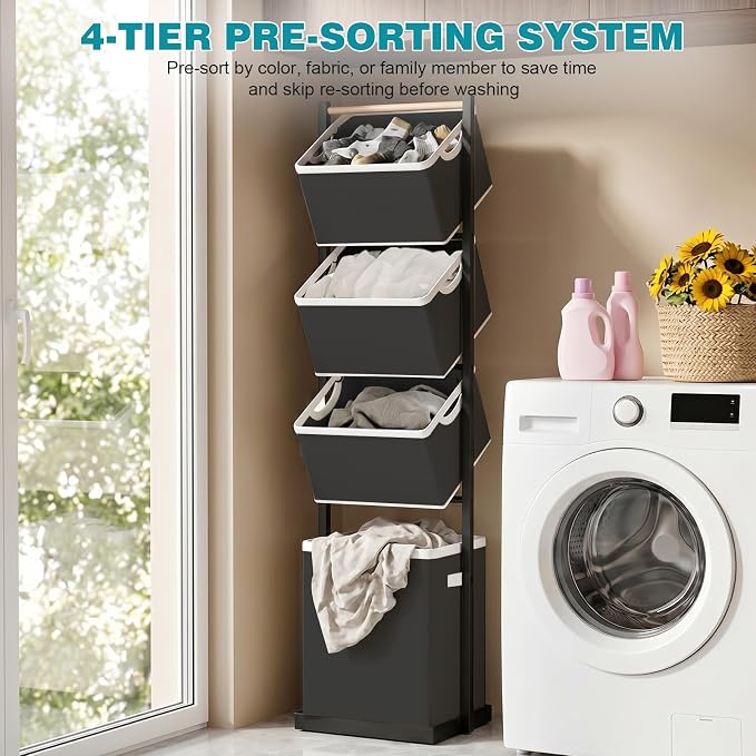 4-Tier Laundry Hamper Sorter, Vertical Laundry Sorter with Removable Basket, Stackable Laundry Cart Organizer and Storage 125L for Small Space, Dorm, Closet, Bathroom Black