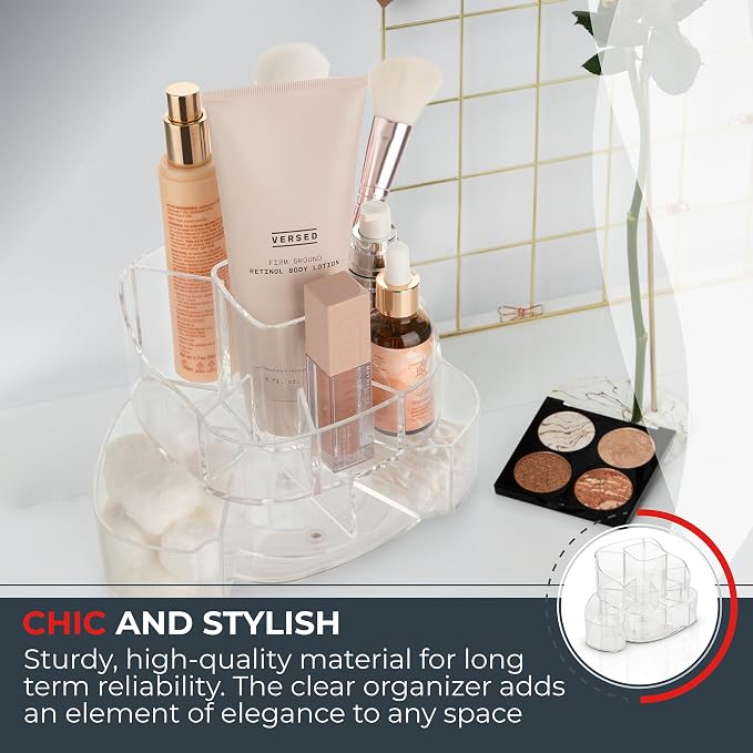 Masirs 360-Degree Rotating Makeup Organizer – Small Acrylic Cosmetic Storage Caddy with 5 Compartments, Mini Lazy Susan Vanity Organizer for Bathroom Counter, Skincare, Perfume, Brushes, Clear