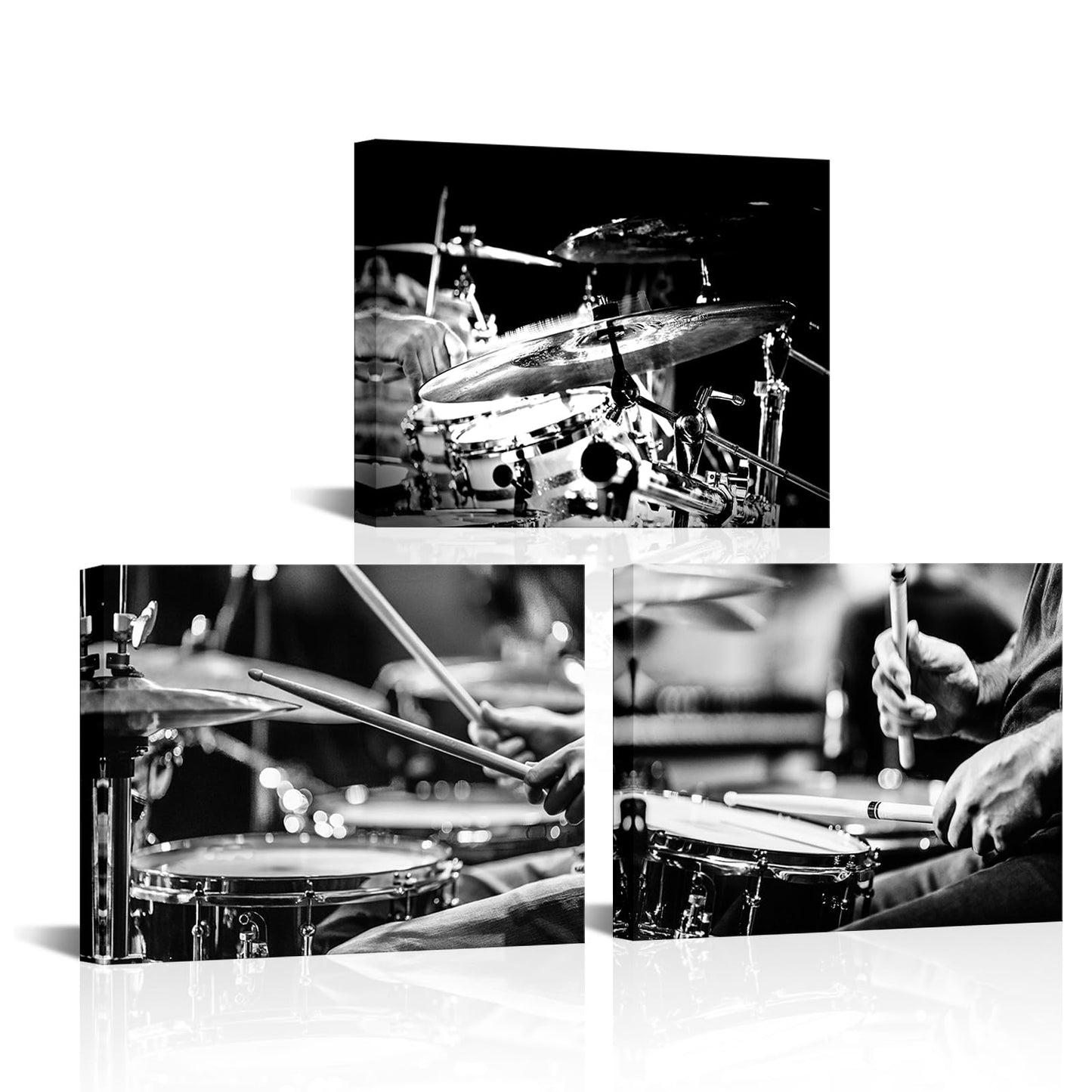 PoGoXiPoYo 3 Piece Music Canvas Wall Art Rock Band Shelf Drum Set Musical Instruments Picture Prints Black and White Artwork Posters Wall Decor for Living Room Bedroom Home Studio 12x16inchx3pcs