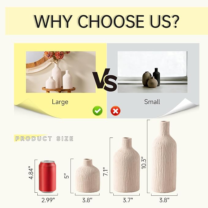 Ceramic Vase Home Table Decor - White Flower Vase Set of 3 Living Room Kitchen Decorations Farmhouse Modern Rustic Vases Decorative Centerpiece for Shelf Bedroom Office Bathroom Dining Coffee Desk