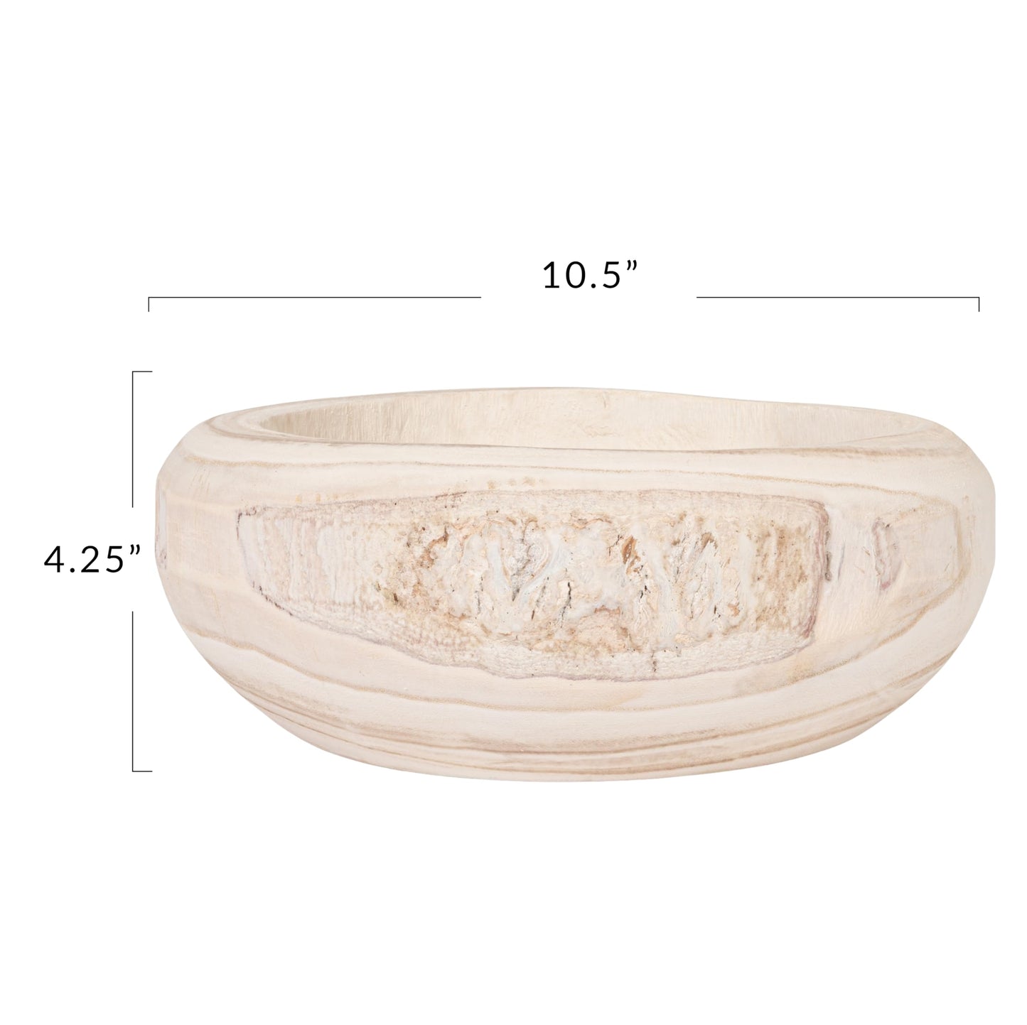 Bloomingville Decorative Hand-Carved Paulownia Wood Bowl, Whitewashed, 10.5 in Diameter, 4.25 in Tall
