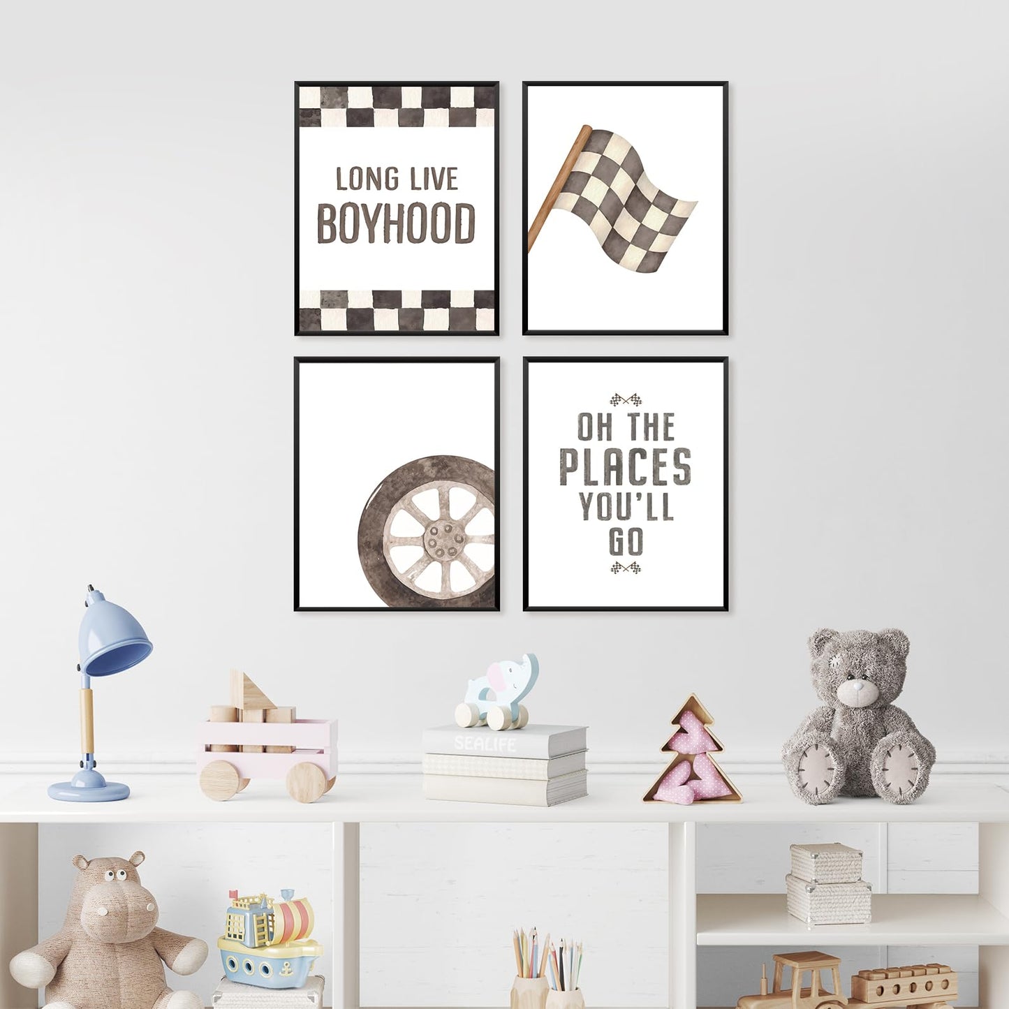 Locomiss Boys Race Car Room Wall Decor, Toddler Nursery Boy Race Cars Art Themed Checkered Play Room Wall Decor Posters For Boys, Toddler Bedroom Playroom Essentials, Set of 4(8x10 Unframed)