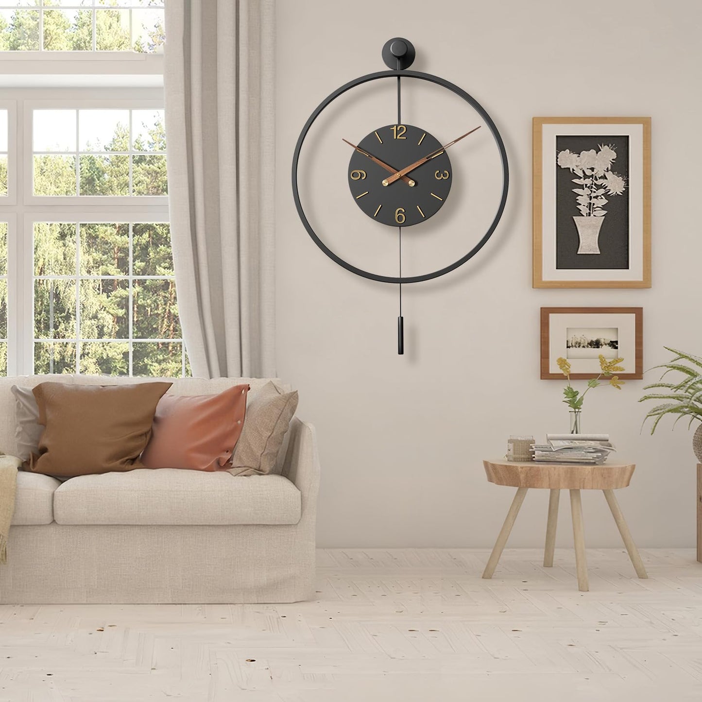 30.7×20 Inch Large Modern Decorative Wall Clocks for Living Room,Big Metal Minimalist 3D Arabic Numeral Dial,Farmhouse Pendulum Wall Clock With Elegant Walnut Pointers for Office,Dining Room Decor