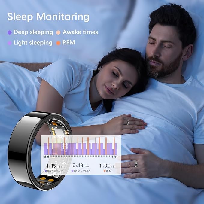 Ring Health Tracker for Women Men, Fit Ring with Heart Rate, Blood Oxygen, Sleep Monitor, Calories, Step Counter, IP68 Waterproof Smart Ring for iPhone & Android, No Subscription Fee (Black, 9#)