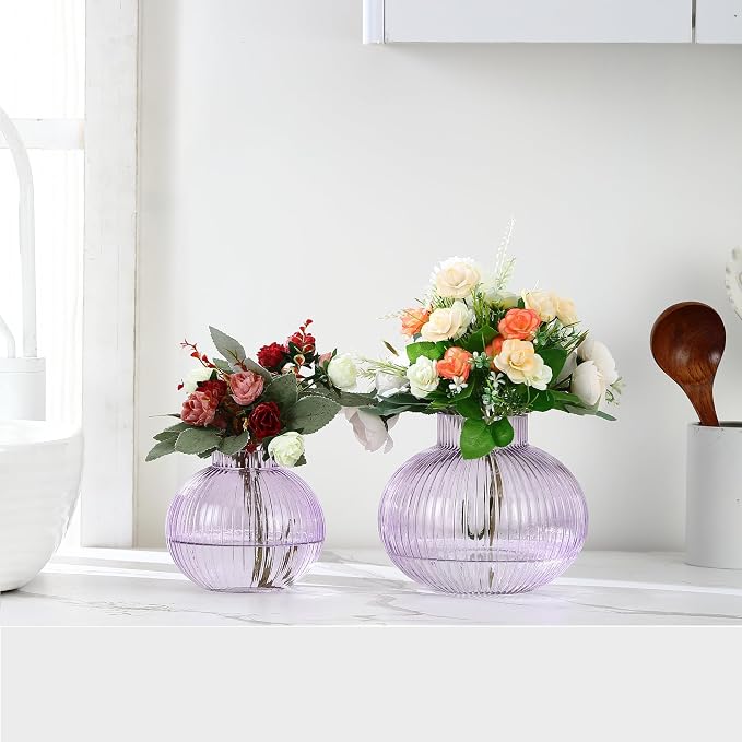 Purple Glass Vases for Tulips, Set of 2, Flower Vases for Bouquet, Ribbed Glass Vase for Flowers, Short Vase for Living Room, Office, Coffee Table, Shelf, Wedding