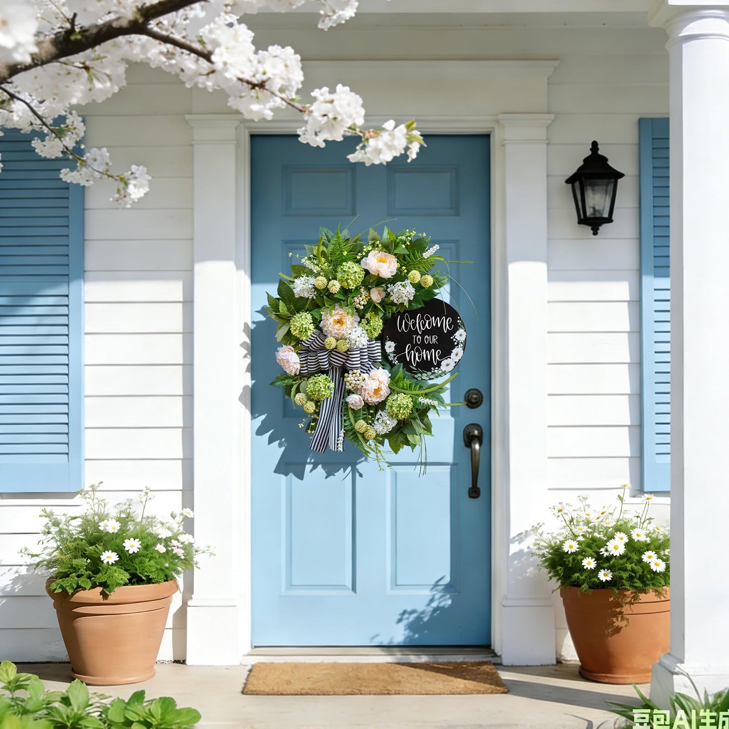 Spring Summer Wreaths for Front Door, Half Circle Summer Wreath with Hydrangea & Peony, Striped Bow & Welcome Sign – 24 Inch Indoor/Outdoor Seasonal, Housewarming & Festive Spring Door Wreath Decor