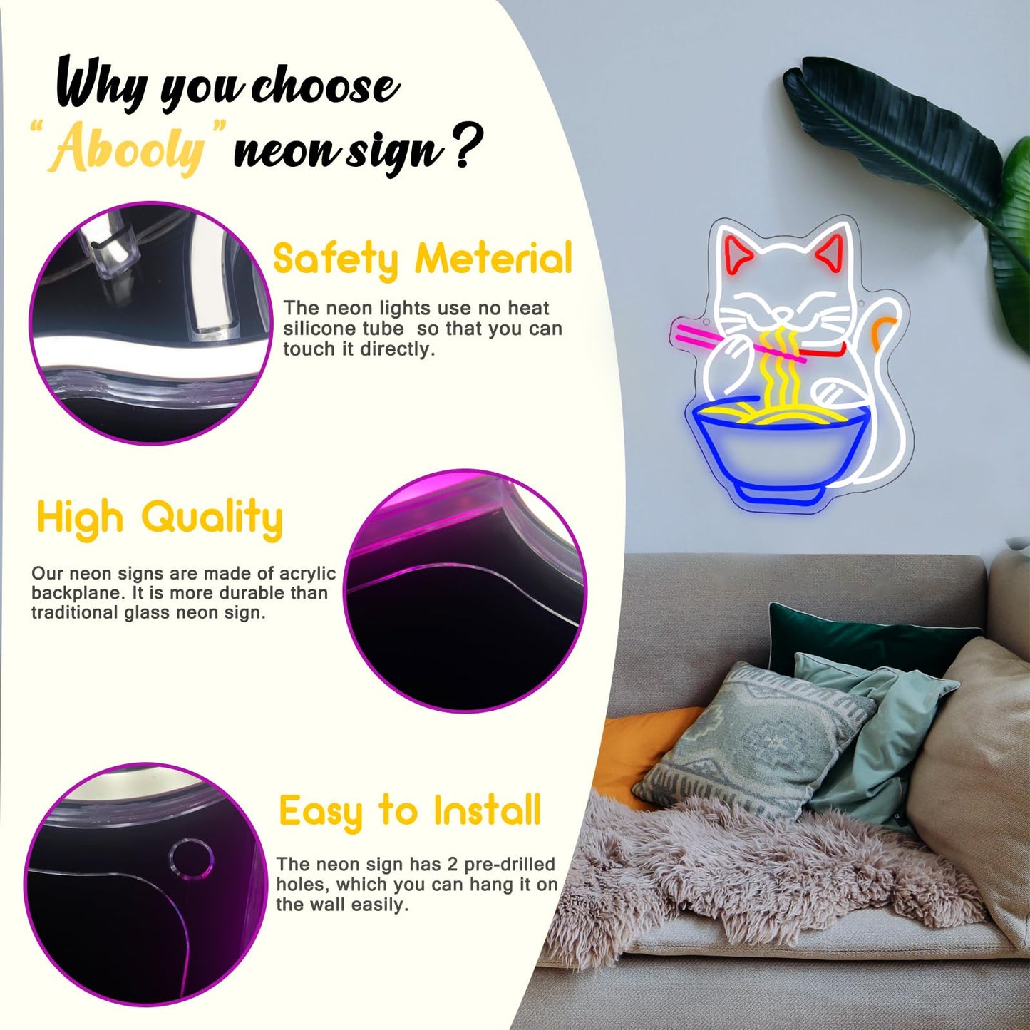 Fortune Cat Ramen Neon Sign, Dimmable Japanese Lucky Cat Noodle LED Neon Sign for Wall Decor, USB Powered for Restaurant Bar Party Bedroom Birthday Gifts(15.7 * 12.7in)