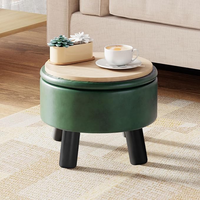 Small Foot Stool Ottoman with Storage, Faux Leather Ottoman Foot Rest for Couch, Round Footstool Ottomans for Living Room (Green)