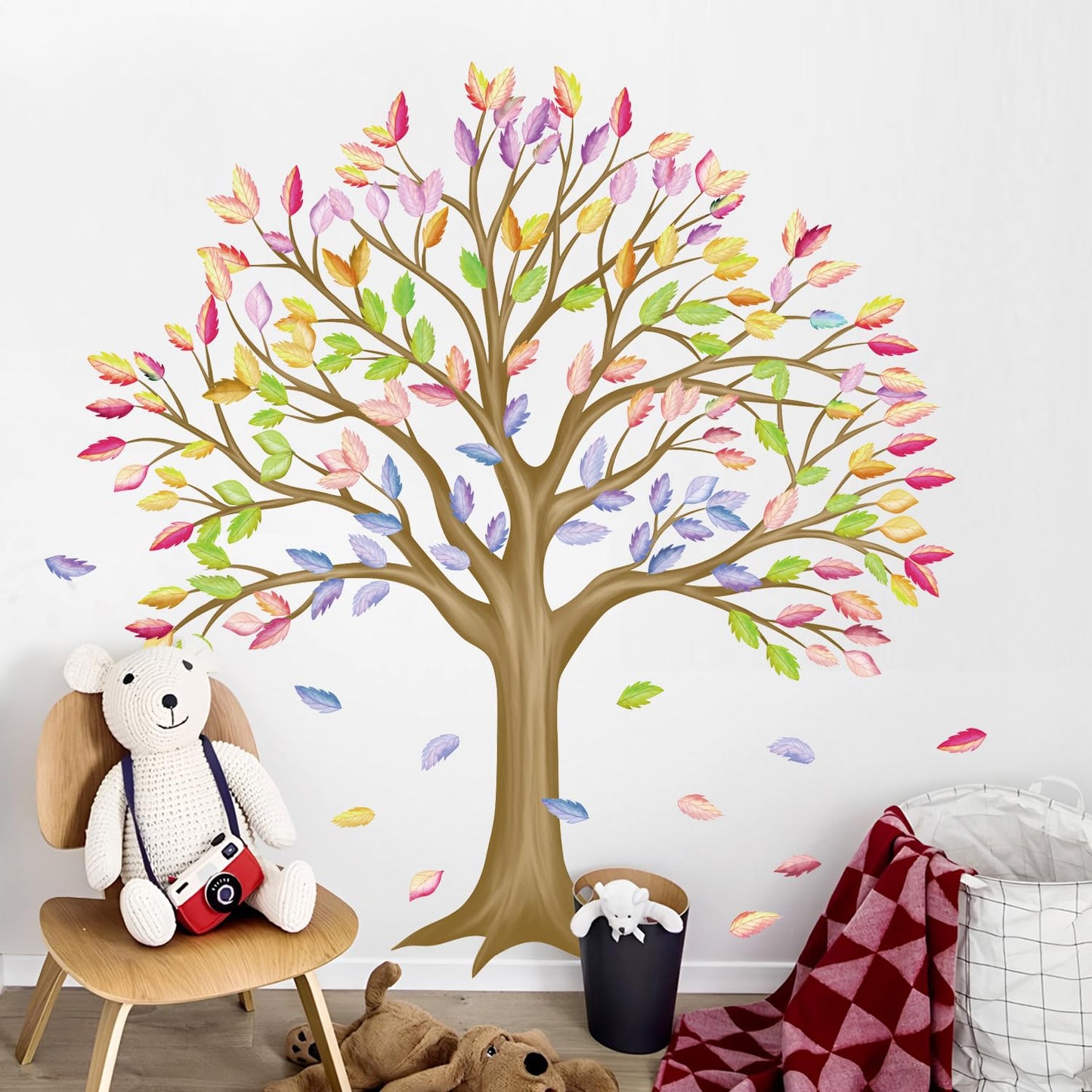 RAINBOW WSK Large Brown Tree Wall Decals Colorful Leaves Wall Stickers Peel and Stick Family Classroom Removable Vinyl Decals for Kids Room Nursery Living Room MUP1854