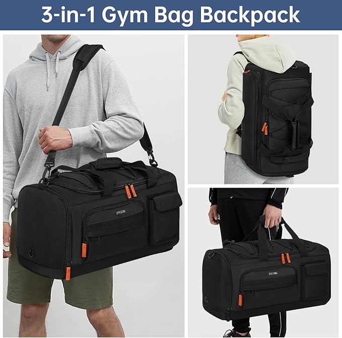 Gym Bag for Women & Men, Sports Travel Duffle Bag with Shoe Compartment, Anti-Theft Carry On Weekender Bag, Water Resistant Overnight Backpack for Airplane, Gym, Travel (Black)