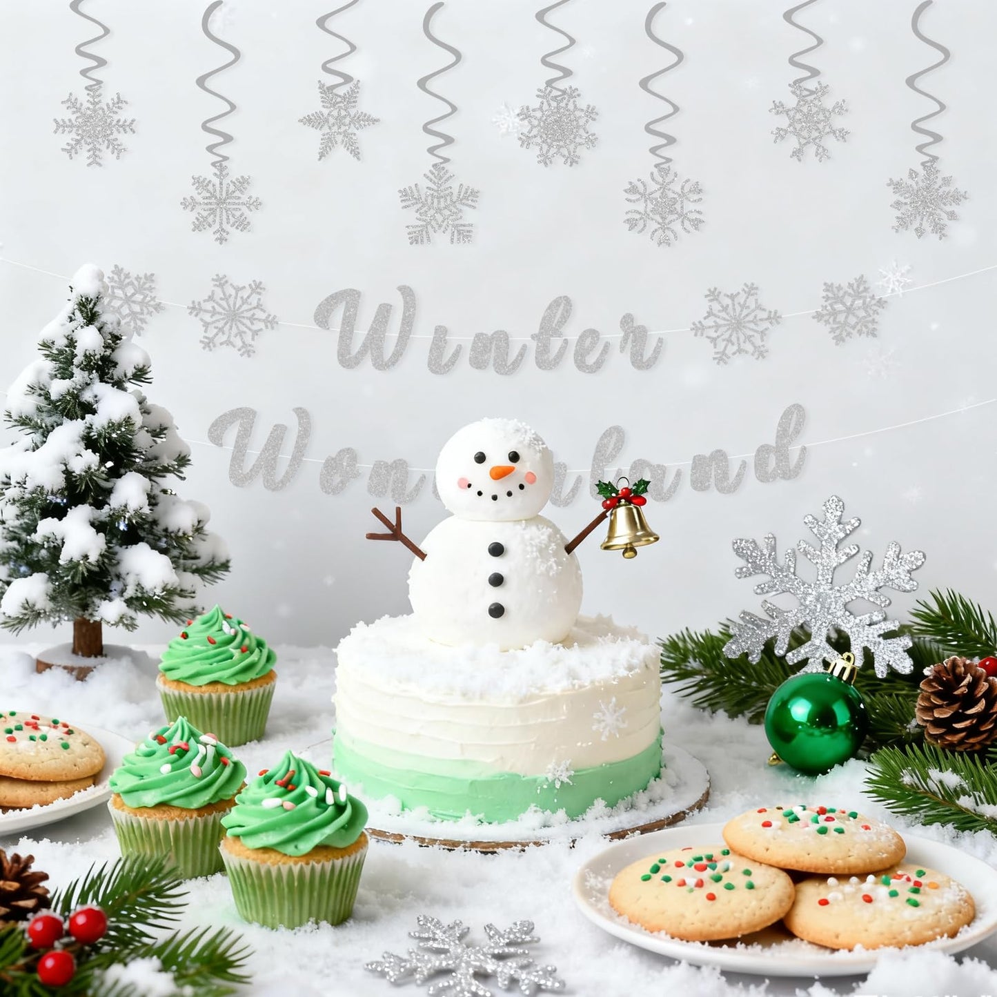 Winter Wonderland Banner,Snowflake Theme Party Decorations Include Pre-Strung Glittery Winter Wonderland Banner and 8 Pcs Snowflake Hanging Swirls,Christmas Birthday Party Supplies