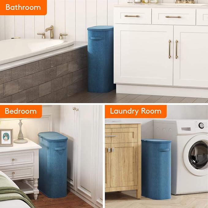 Lifewit Slim Laundry Basket with Lid, Narrow Large Laundry Hamper with Plastic Handles and Removable Bag, Tall Foldable Dirty Clothes Hampers for Laundry Room, Bedroom, Bathroom, Dorm, 65L Dark Blue