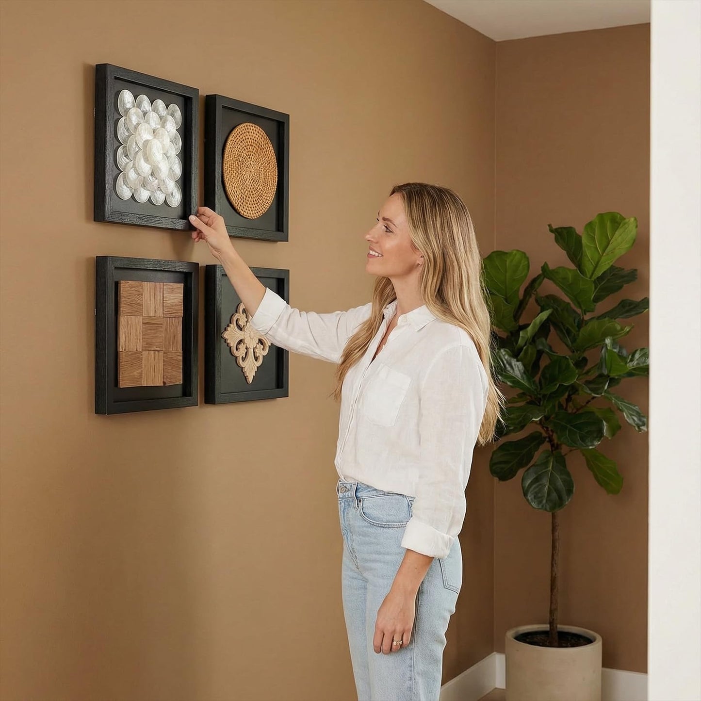 DREMECH Handmade 4-Piece Wall Art Set - Natural Shell/Rattan/Wood/Carved Decor with Black Frame | Unique Boho/Modern Home Decor for Living Room, Bedroom | One-of-a-Kind Artisan Wall Hangings