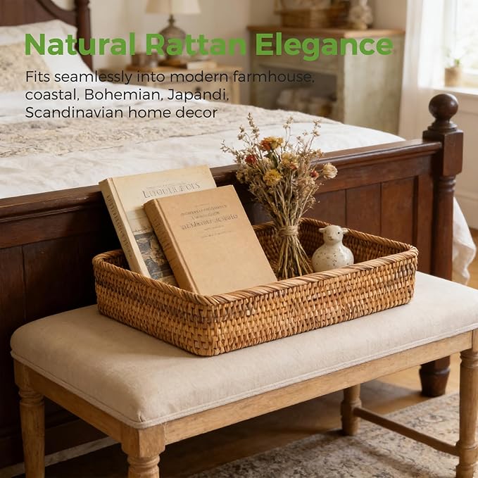 Wicker Storage Tray, Rattan Basket Rectangular for Bathroom Living Room, Decorative Serving Woven Trays Wicker Baskets for Organizing Home Decor L(15.7" × 11")