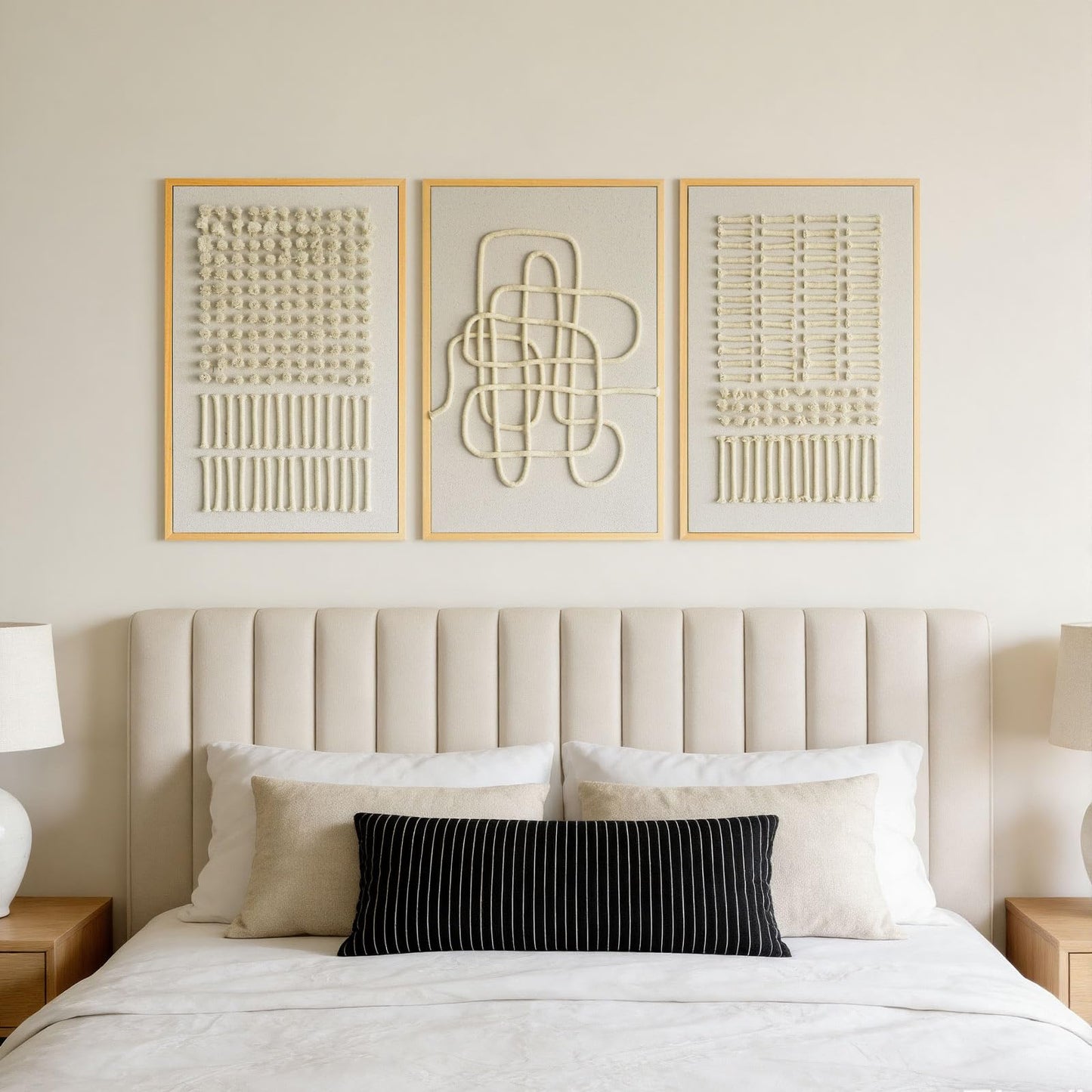 Thalasse 3D Textured Framed Abstract Wall Art Bedroom, 3 Piece Neutral Dot Matrix Curve Tactile Rope String Art Matte Sandstone Artwork, Boho Minimalist Nordic Pictures for Nursery Home Decor 16x24 In