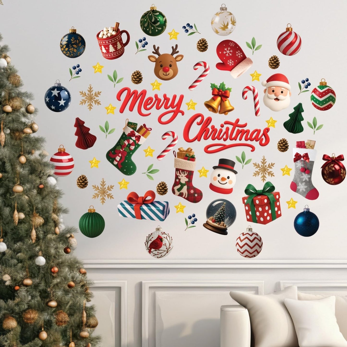 WALPLUS Christmas Decorations for Home Indoor Wall Stickers Wall Murals Decals Living Room Children Nursery Restaurant Cafe Hotel Home Decor Holly Jolly