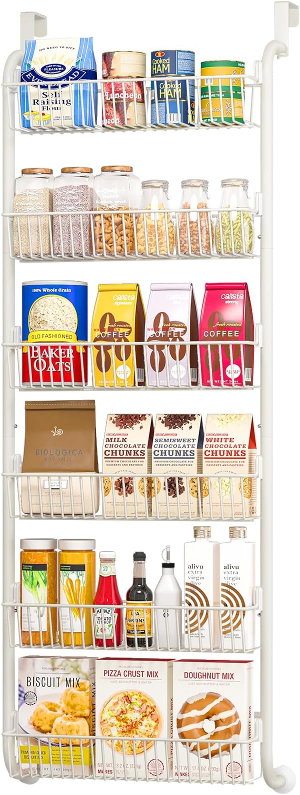 MIAOLI Over the Door Pantry Organizers and Storage, 6-Tier Spice Rack, Home & Kitchen Storage Shelves for Cabinet, Large Capacity Hanging Seasoning Organizer, Laundry Room Organization, White