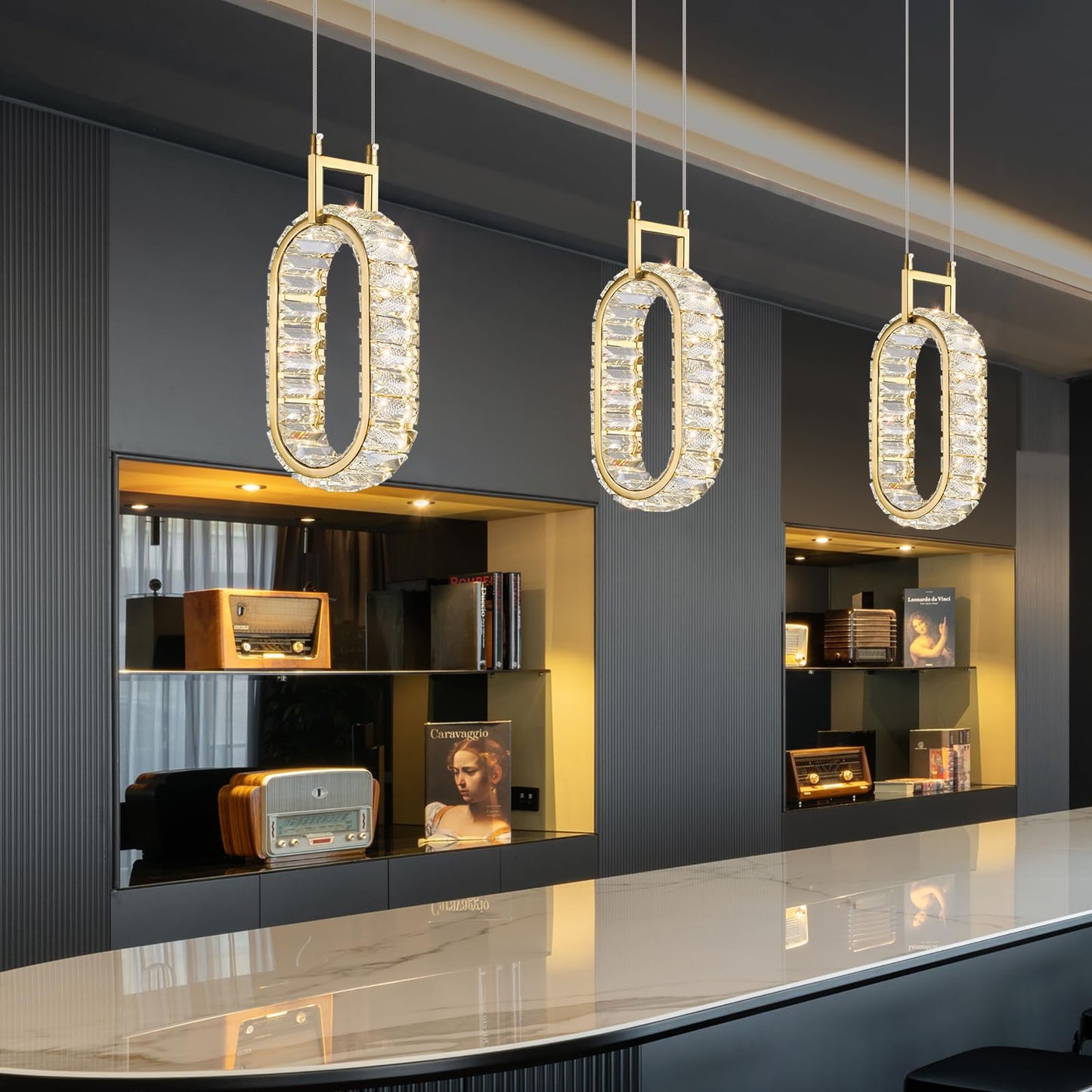 zhllmq Kitchen Island Mini Light Fixture Modern Led Crystal Pendant Light Gold Oval Chandelier for Dining Room Living Room Kitchen Bedroom Bar（1-Pack