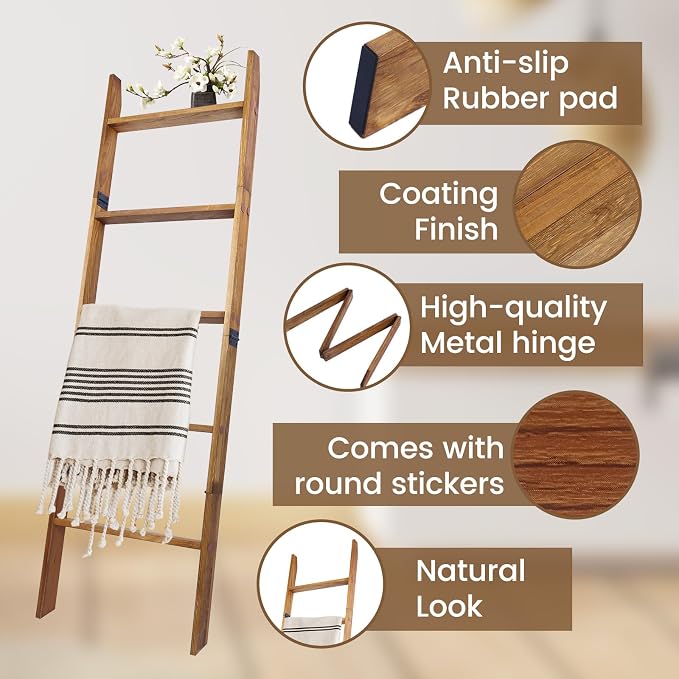 Blanket Ladder, 5-Tier Wooden Quilt Stand, Decorative Ladder Shelf, Leaning Shelf, Wall Leaning Blanket Ladder Towel Storage Rack for Living Room, Walnut